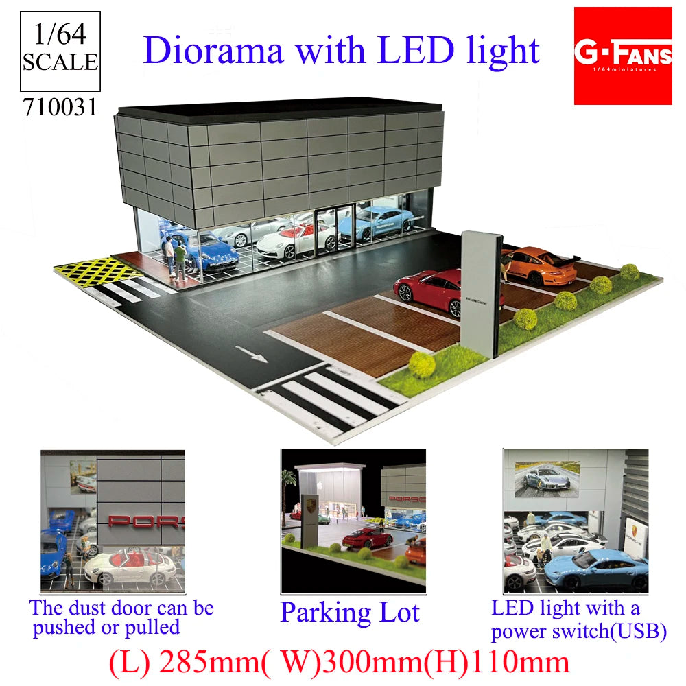 GFans NEW 1:64 Scale Diorama Car Garage Model – DIY Parking Lot with LED Lights, City Display Model Set, Collector Gift